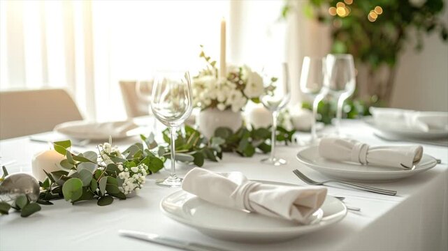 Elegant dining table setting with white plates, glasses, candles, and floral centerpiece