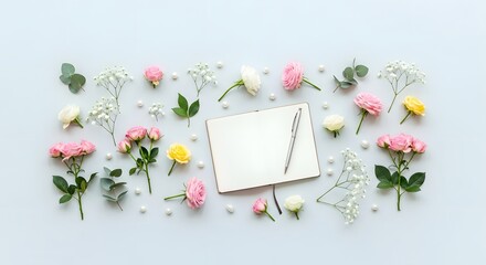 Overhead view of an open notebook with a pen surrounded by roses, eucalyptus, and pearls on blue.