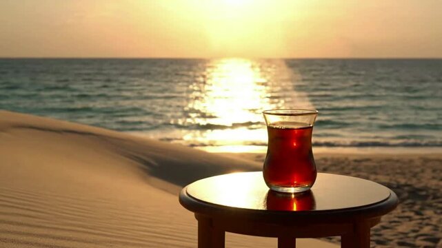 Serene beachside setting with glass of Turkish tea at sunset