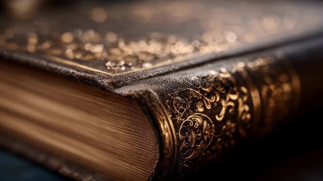 Closeup of a book jacket with dust cover in sharp focus softly blurred background enhancing the elegant protective layer and intricate cover artwork.