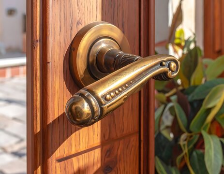 Close-up of a decorative bronze-toned door handle against rich brown wooden panels, partly open to a sunlit exterior