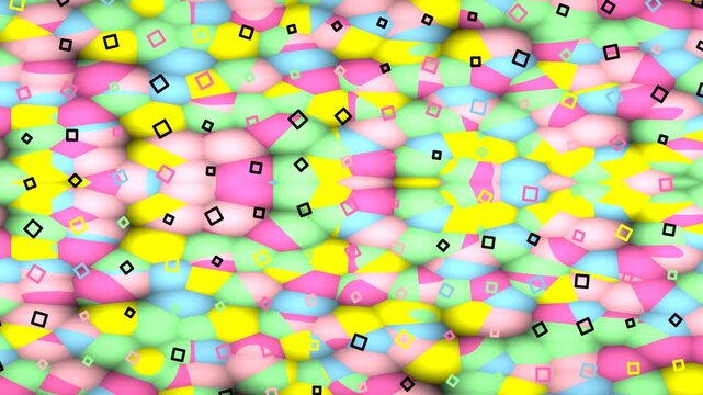 A colorful digital artwork with abstract shapes and floating diamonds