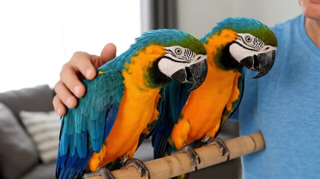 A heartwarming close-up of a pet owner gently stroking two beautiful blue and yellow macaws on a perch, showcasing a strong bond with exotic birds.