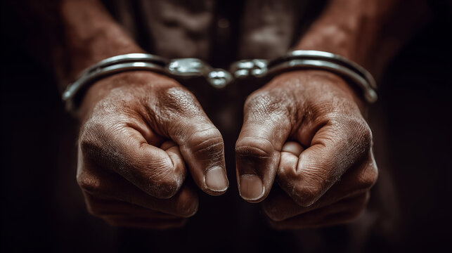 Close-Up of Hands in Handcuffs Symbolizing Arrest, Crime and Justice