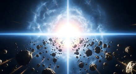 Fototapeta premium Cosmic explosion in space with asteroid field and bright light beam