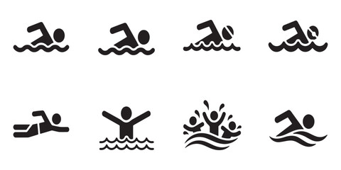 Obraz premium Set of 8 Black Swimming People Icons Vector