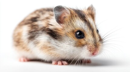 Close-up studio portrait of a cute dwarf hamster with striking striped fur and bright eyes