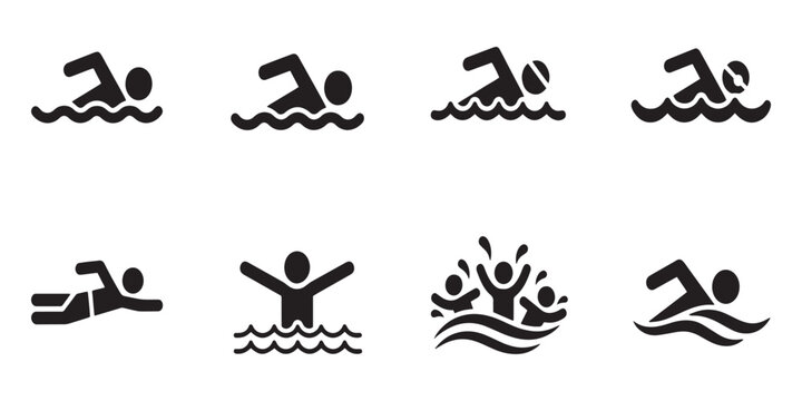 Set of 8 Black Swimming People Icons Vector