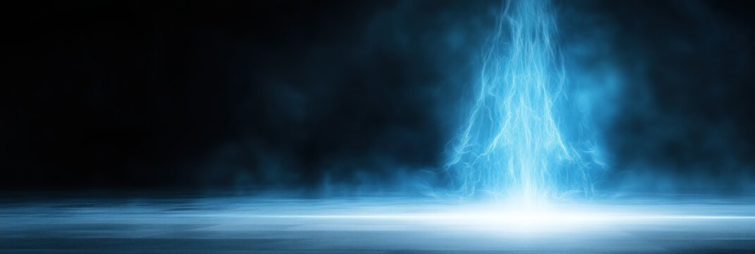 Abstract blue energy beam erupting from a dark, foggy ground with lightning effects