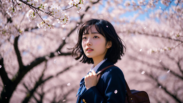 満開の桜並木を通学する制服姿の女子高生 春の入学式と新学期のポートレート