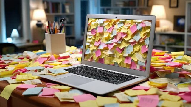 Digital Chaos: An open laptop overflows with digital sticky notes. The workspace surrounding is also swamped with physical notes, all symbolizing a busy and chaotic workload.