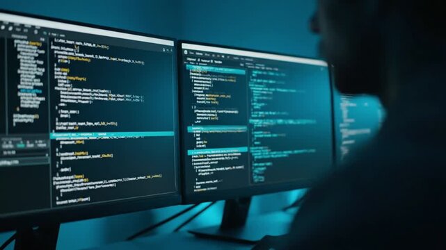 Professional Software Developer Coding on Multiple Monitor Setup in a Dark Modern Office Space with Lines of Code Scrolling on Screen during the Night