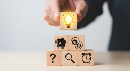 Hand Placing Lightbulb Block on AI and Technology Icons, Question Mark