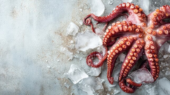 Fresh octopus on ice display with tentacles and texture.