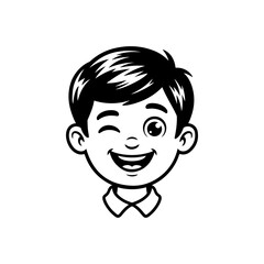 Obraz premium A cheerful black and white vector illustration of a winking boy. This clean, modern graphic features bold outlines and a friendly expression isolated on a white background.