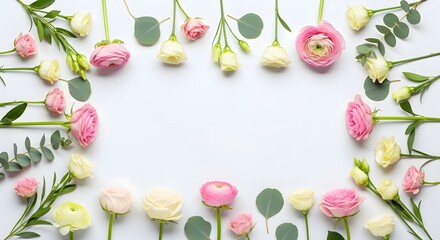 Floral border of pink and white roses with eucalyptus leaves on a white background.