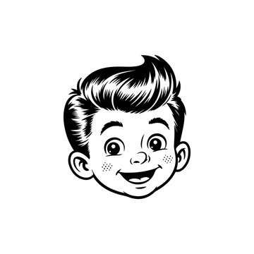 A black and white retro vector illustration of a cheerful young boy with freckles and a 1950s pompadour hairstyle. Bold graphic style isolated on a white background.