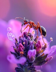 An ant sits atop a flower, bathed in soft, colorful light against a blurred background