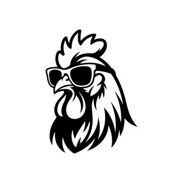 A bold black and white vector illustration of a rooster's head wearing cool sunglasses. This minimalist mascot design features sharp lines and a stylish, confident look.