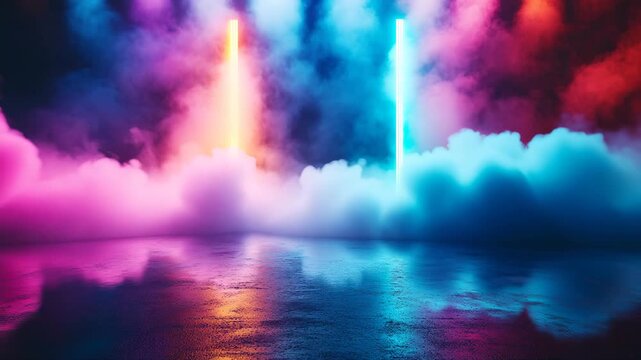 neon podium with colored smoke
