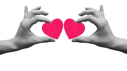 Two hands holding pink heart shapes isolated on transparent background
