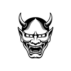 Obraz premium A bold black and white vector illustration of a traditional Japanese Hannya mask. The graphic features sharp horns, menacing eyes, and gritted fangs on a white background.