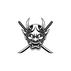 Fototapeta premium A bold black and white vector illustration of a traditional Japanese Hannya demon mask with sharp horns, fangs, and two crossed samurai swords behind it on white.
