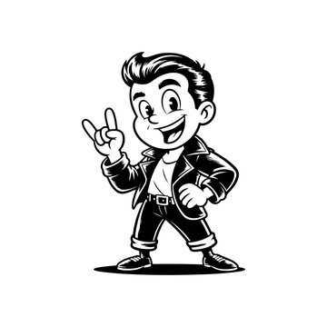 A cheerful black and white retro vector illustration of a 1950s rockabilly man with a pompadour, wearing a leather jacket and making a rock on hand gesture.
