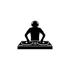 A minimalist black silhouette of a DJ wearing headphones and working at a turntable console. A clean, modern vector graphic isolated on a white background.