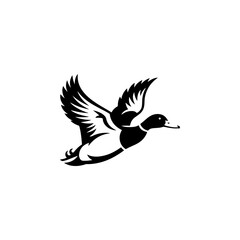 Fototapeta premium A bold black and white vector illustration of a wild duck in flight. The design features a dynamic pose with detailed feathers and outspread wings on a white background.