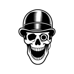 A bold black and white vector illustration of a laughing skull wearing a classic bowler hat and a monocle. Sophisticated yet macabre minimalist design on white.