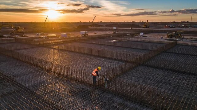 Aerial View of Worker Securing Rebar Grid at Sunset with Copy Space