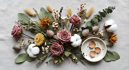 Dried floral arrangement with roses, cotton, eucalyptus, and natural elements