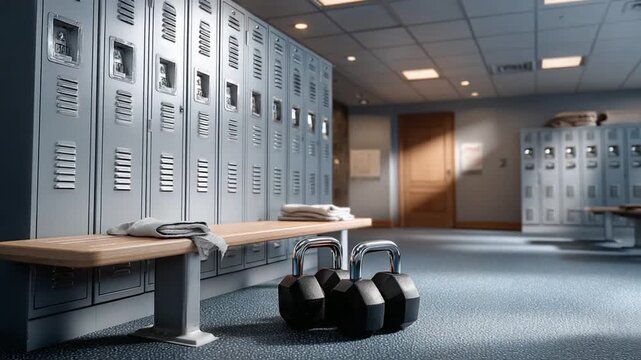 Gym Lockers: A well-lit gym locker room features rows of lockers, with a bench, towel and weights, offering a sense of order and readiness for a workout.