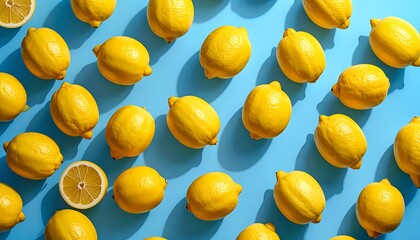 An array of vibrant yellow lemons on a solid blue background with a single cut lemon revealing its interior