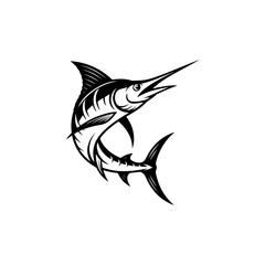 Obraz premium A dynamic black and white vector illustration of a marlin leaping from the water. Features a sharp bill, prominent dorsal fin, and stylized scales in a high-contrast style.