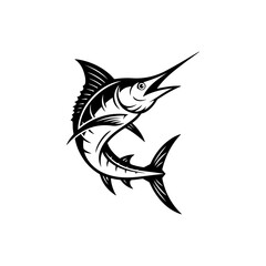 Obraz premium A dynamic black and white vector illustration of a marlin leaping from the water. Features a sharp bill, prominent dorsal fin, and stylized scales in a high-contrast style.