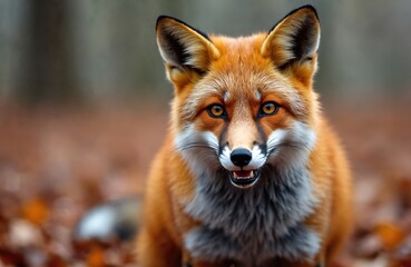 Fototapeta premium Red fox sits on autumn forest floor. Wild animal with orange fur and bright eyes looks directly at camera. Woodland creature hunts in dry fallen leaves, near trees.