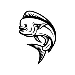 A dynamic black and white vector illustration of a Mahi-mahi fish jumping. Features its distinct flat head and long dorsal fin in a high-contrast minimalist style.