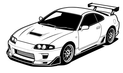 vector line art illustration of a 90s-style Japanese performance sport car