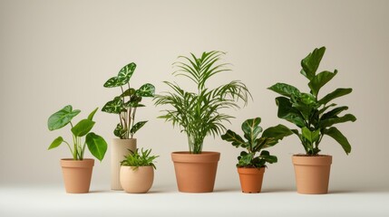 Fototapeta premium Lush Indoor Plants in Terracotta Pots on Minimalist Background
