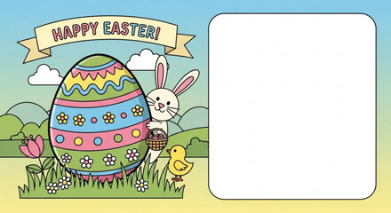 Fototapeta premium Easter bunny with chick and colorful egg in spring field