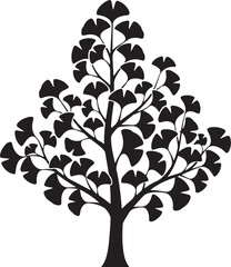 Obraz premium Ginkgo biloba tree silhouette with elegant fan shaped leaves and a winding trunk structure isolated on white background for nature inspired design and botanical art projects