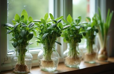 Fototapeta premium Sage cuttings and spring onions grow roots in water jars on windowsill. Fresh green herbs sprout new life, indoors in natural light. Home gardening, plant propagation starts.