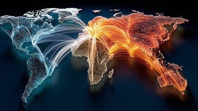 Global Connections: An artistic representation of the world map with interconnected lines. The map is bathed in a mix of vibrant hues, symbolizing a network of global interactions and collaborations.