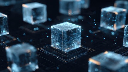 The image features glowing, transparent cubes floating amidst a dark background, representing advanced technology or digital concepts.