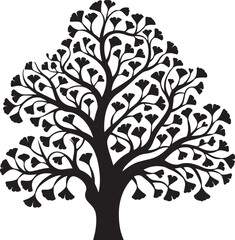 Black silhouette of a ginkgo tree featuring distinctive fan shaped leaves and branches isolated on white background for nature design botanical art and organic graphics