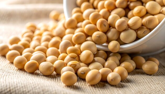 布の上に広がる大豆が自然素材と食文化を感じさせるシンプルな食品表現