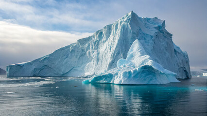 Greenland, an iceberg floats in calm water during daylight hours off the coast of Greenland.