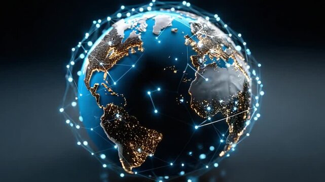 Global Network Connection: Illuminated lines encircle a vibrant globe, symbolizing the interconnectedness of worldwide communication and technology. Representing the dynamic digital age
